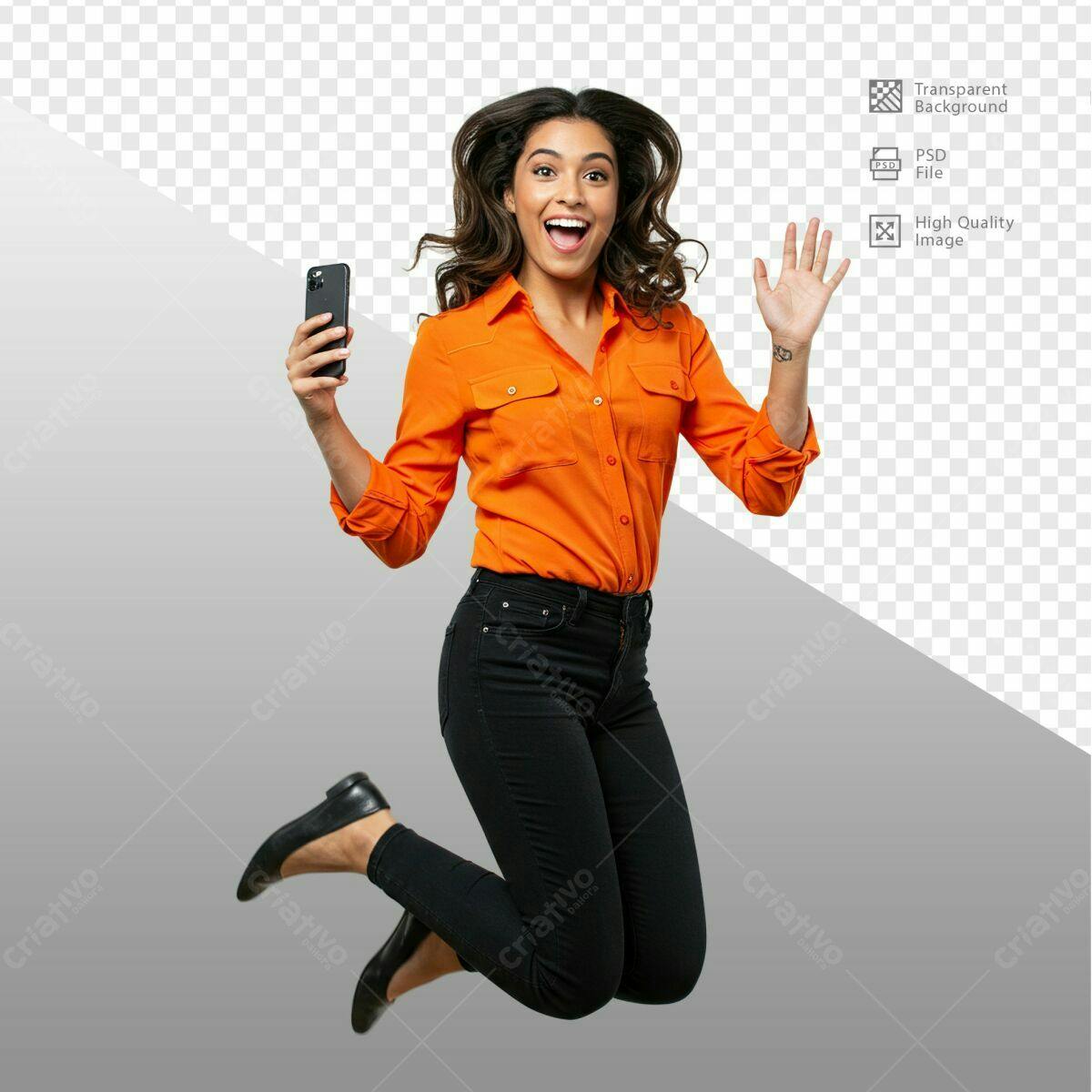 PSD Mulher Pulando Alegria com Celular Laranja PSD Editável