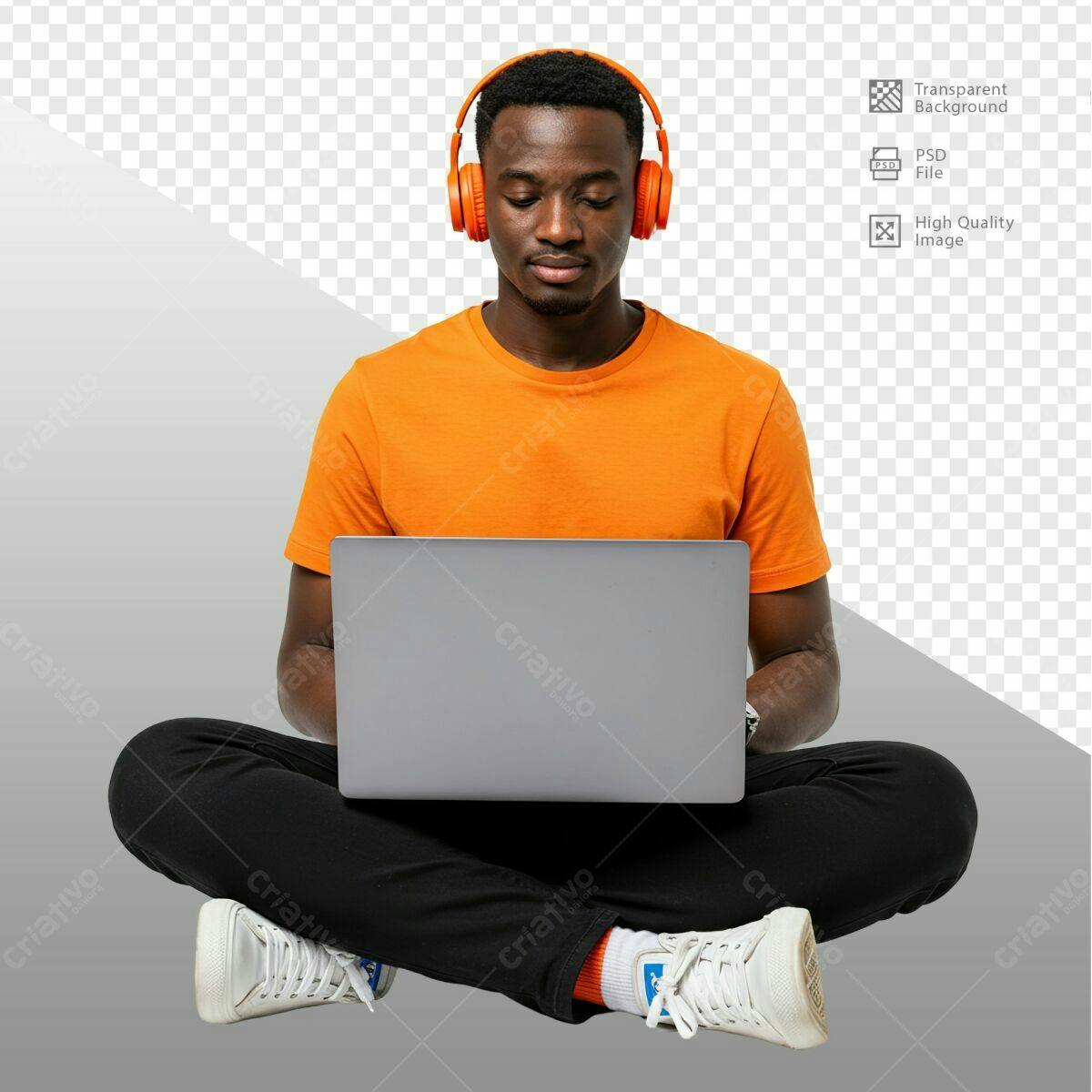 Mockup Pessoa com Notebook e Fones PSD Editável