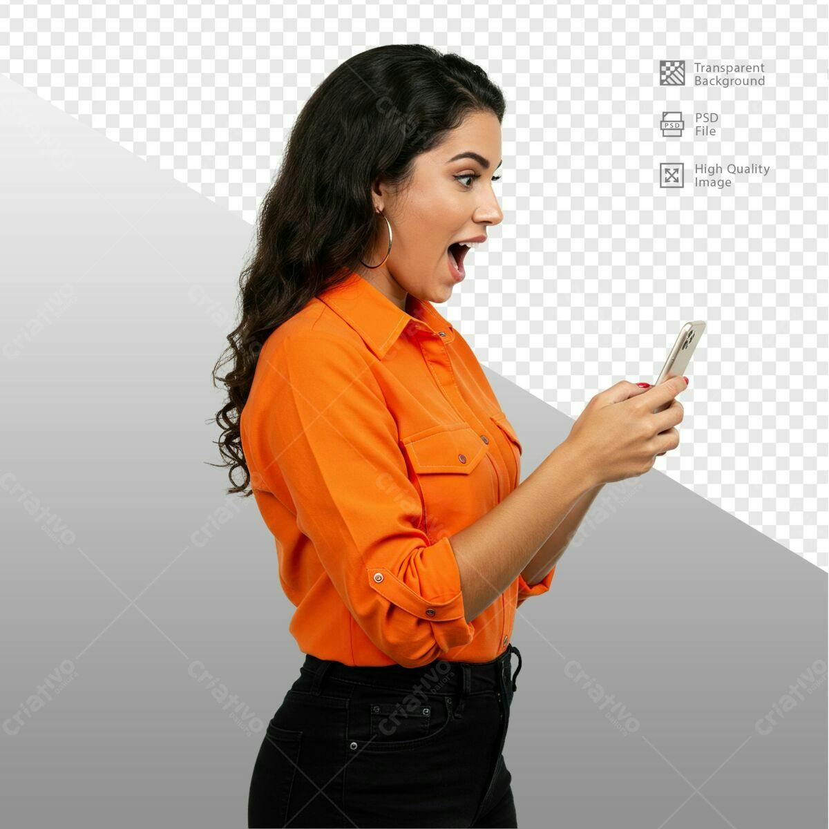 PSD Mulher Surpresa com Smartphone Laranja Editável