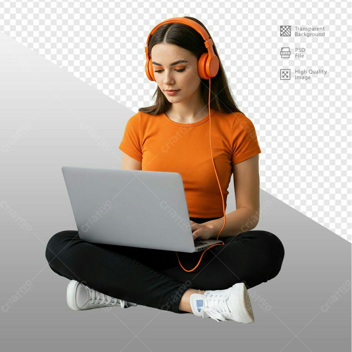 Mockup Mulher com Notebook e Fones PSD Editável