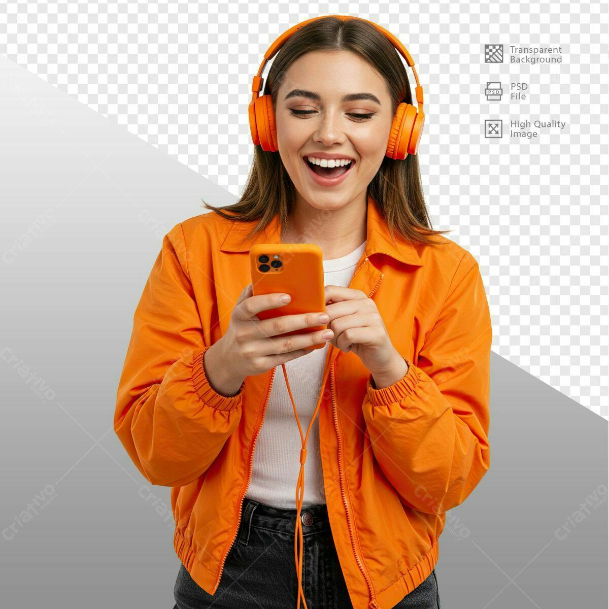 Mockup de Garota com Celular e Fones Laranja PSD Editável