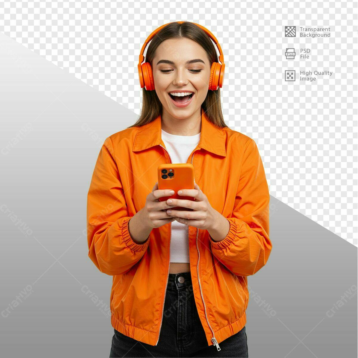 Imagem Pessoa Usando Celular e Fones Laranja PSD Editável