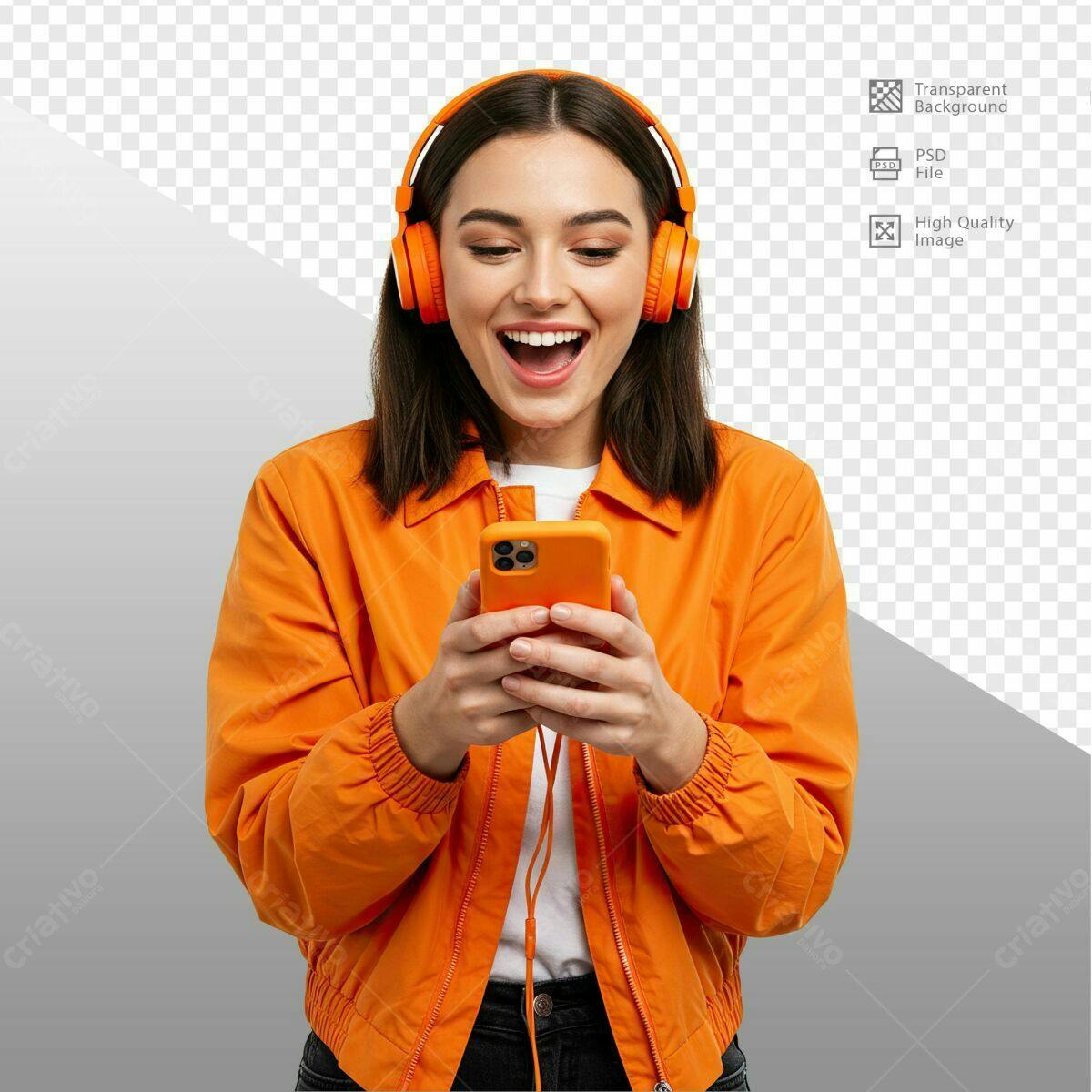Imagem Pessoa Usando Celular e Fones de Ouvido Laranja PSD Editável
