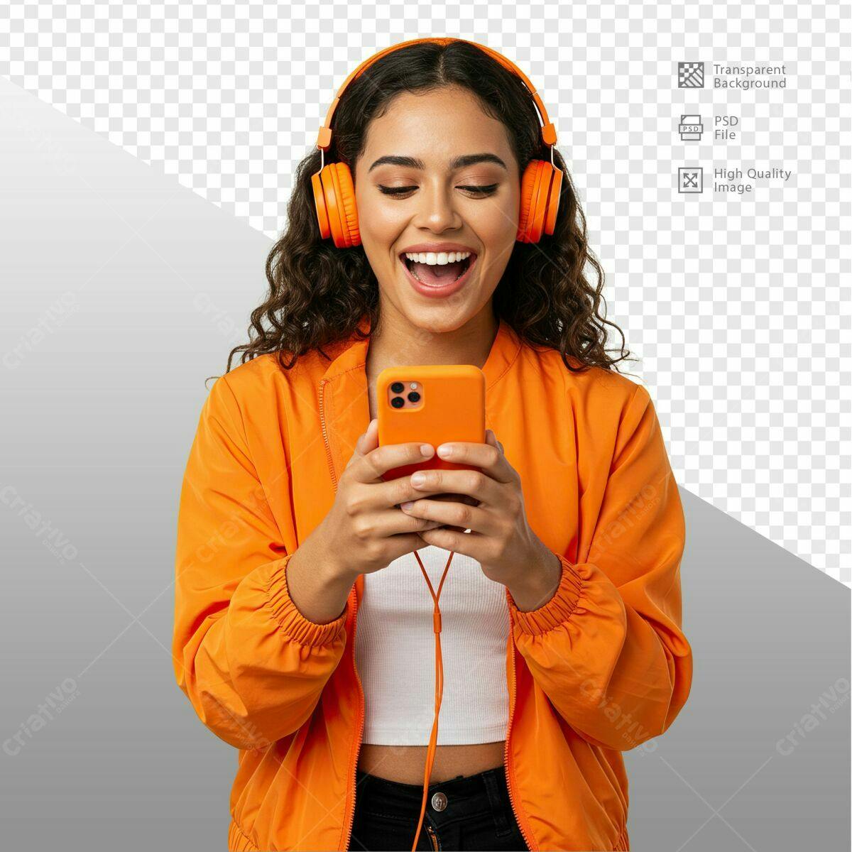 Mockup de Garota com Celular e Fones Laranja PSD Editável