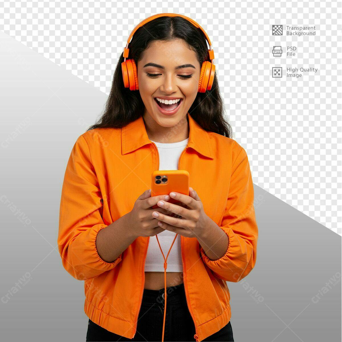 Imagem Pessoa com Celular e Fones de Ouvido Laranja PSD Editável
