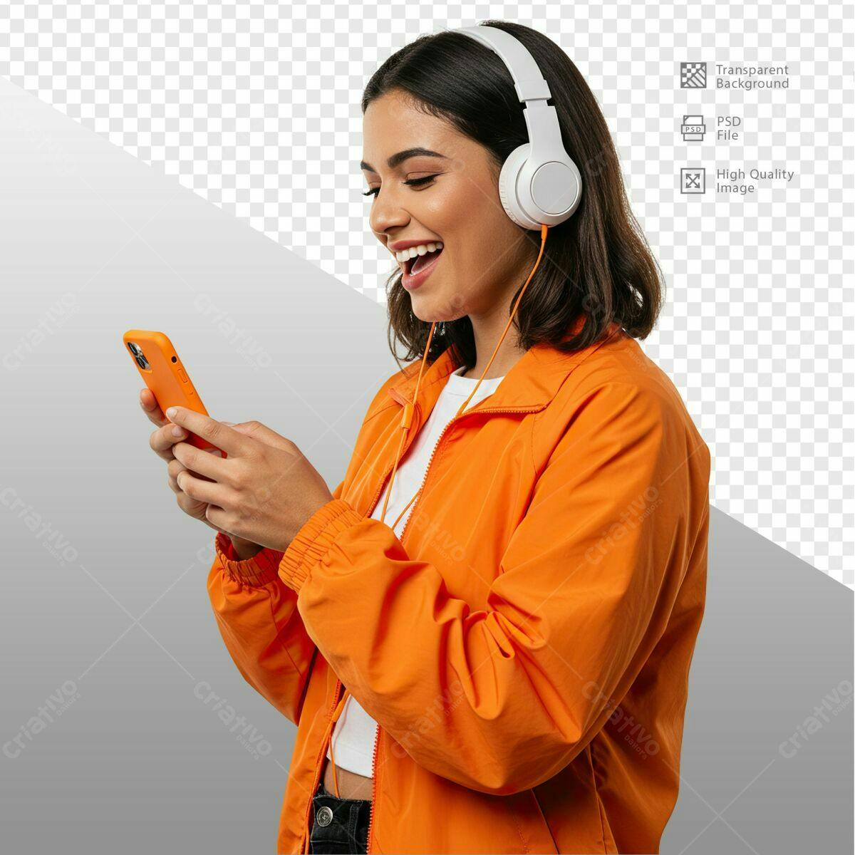 Imagem de Mulher com Celular e Fones de Ouvido PSD Editável