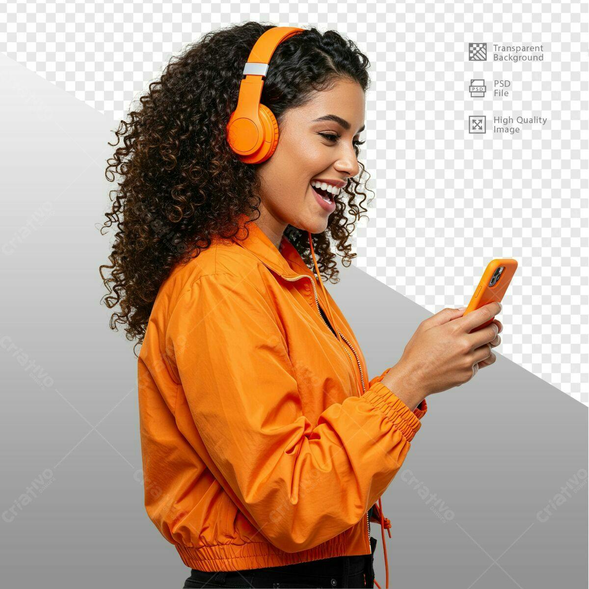Mockup de Modelo Feminina com Fones Laranja PSD Editável