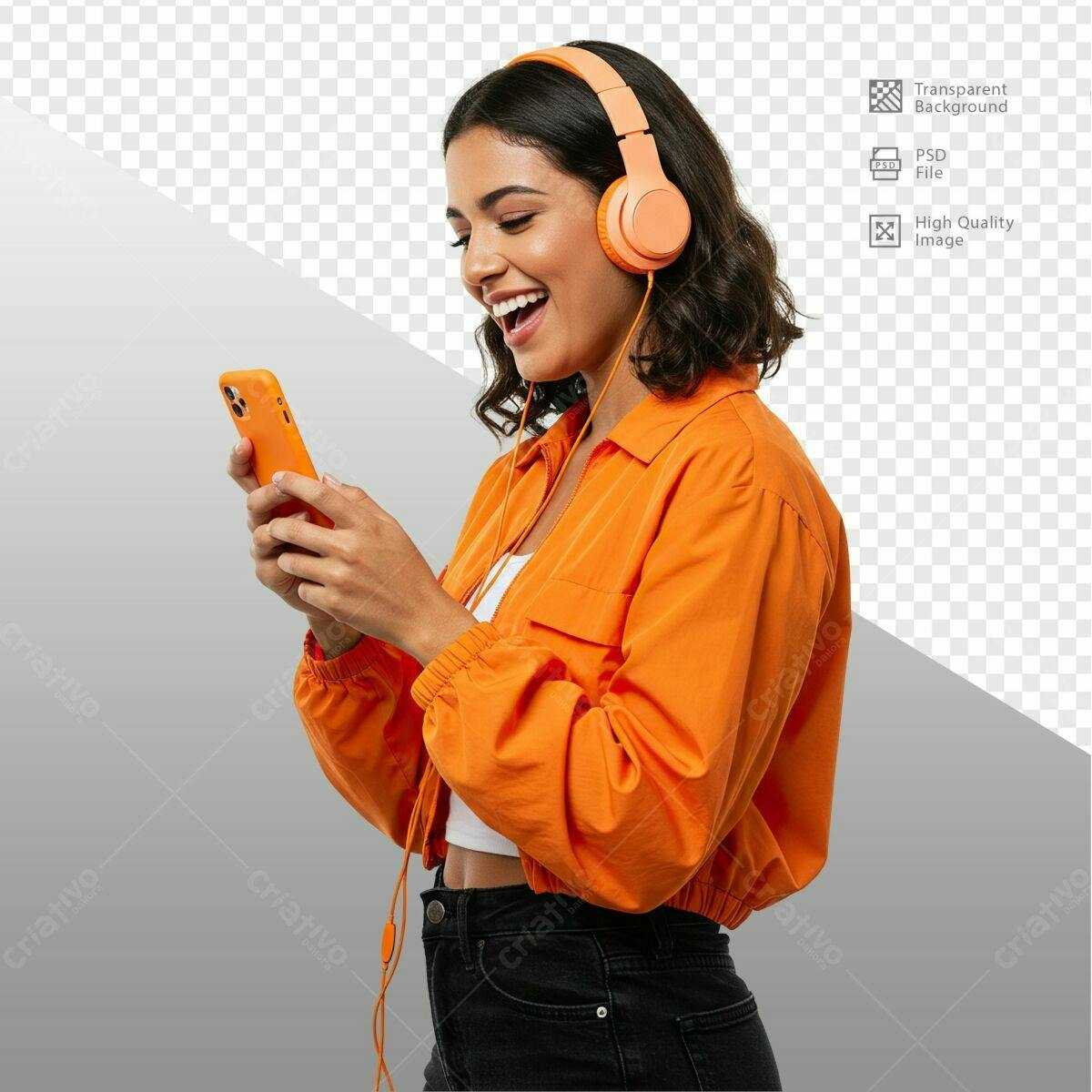 Mockup Feminino com Fones Laranja PSD Editável