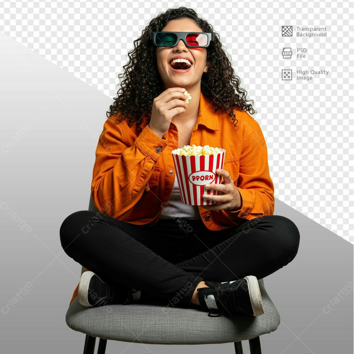 PSD Mulher Assiste Filme com Pipoca PSD Editável