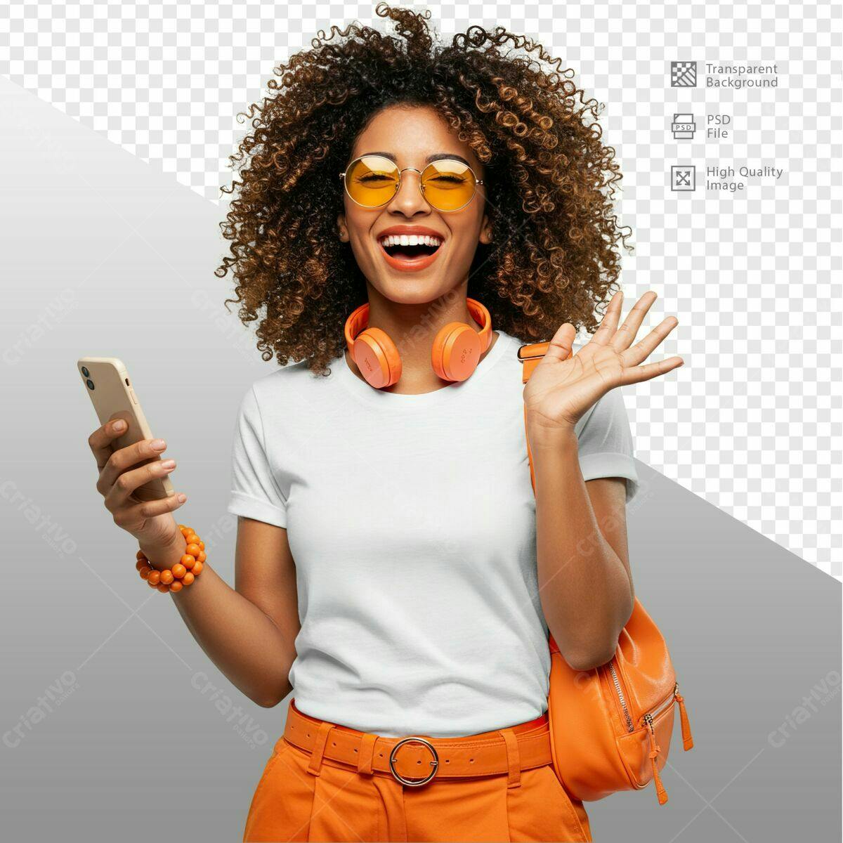 Mockup de Mulher com Celular e Acessórios Laranja PSD Editável