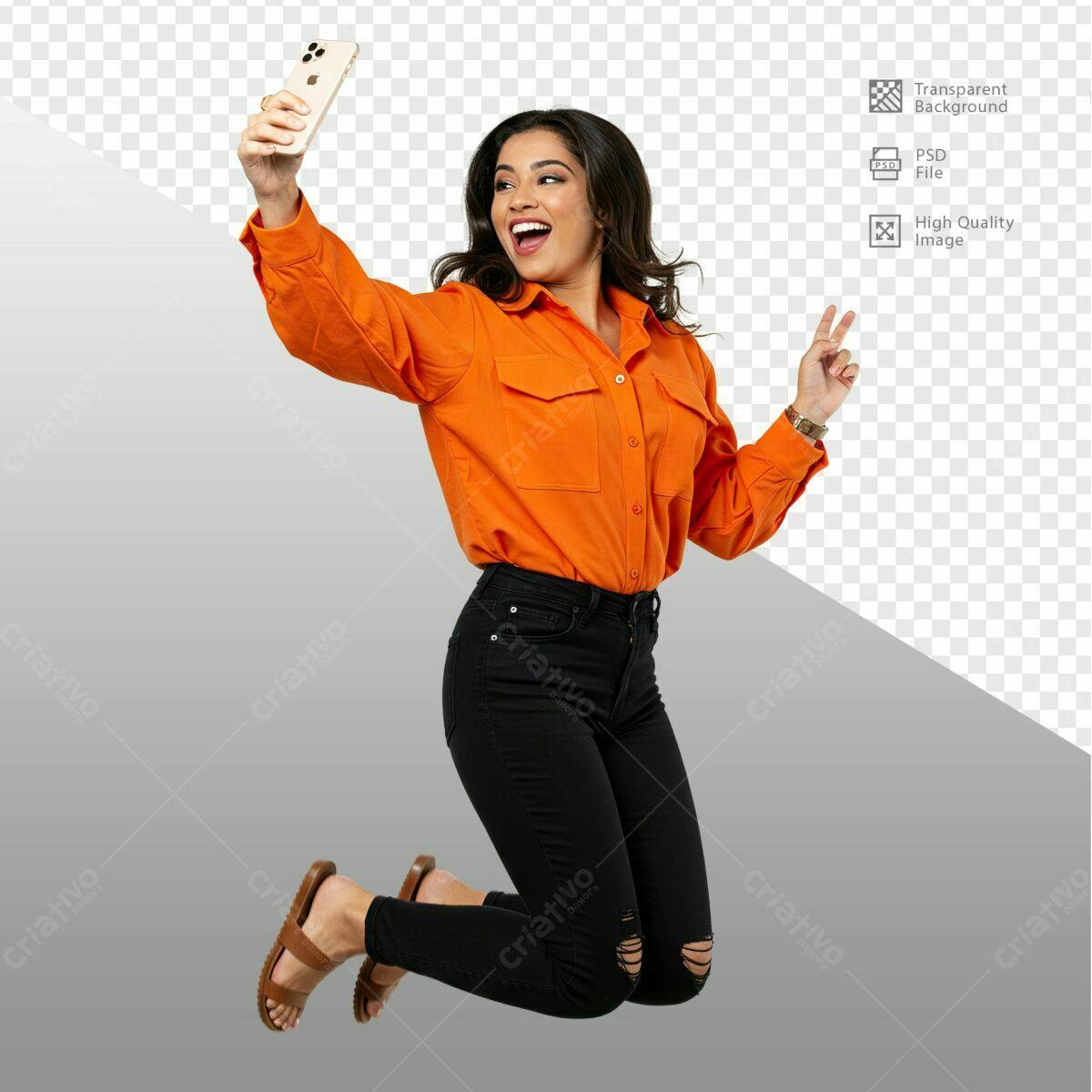 PSD para Selfie de Mulher com Camisa Laranja PSD Editável
