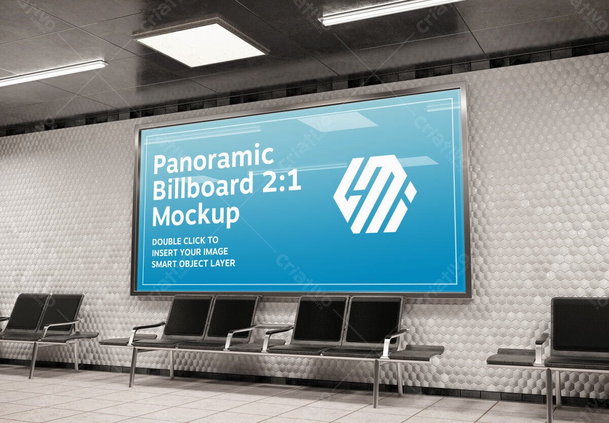 PSD Mockup de Billboard Panorâmico 2:1 para Anúncios em Metrô PSD Editável