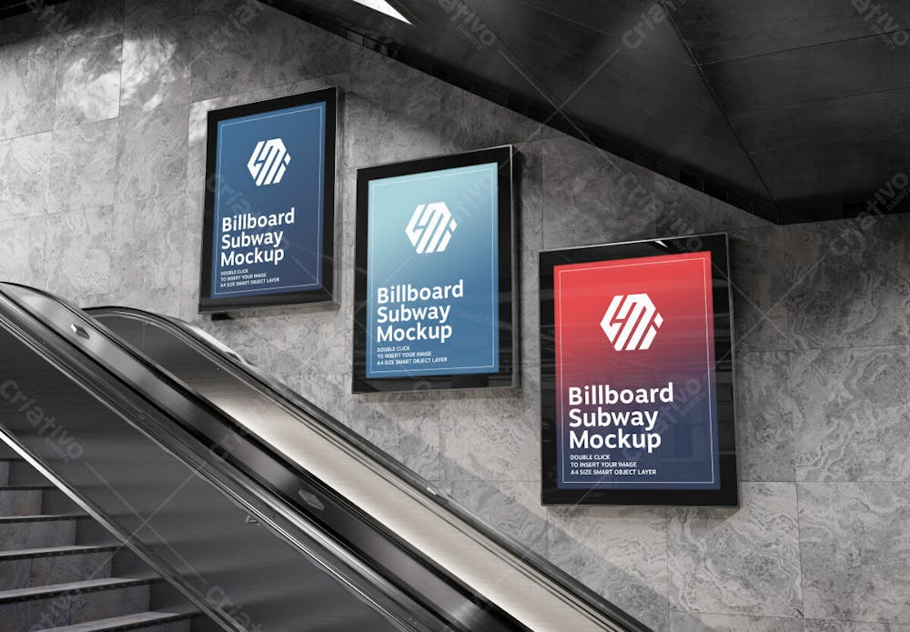 Three Vertical Billboards Subway Station Mockup