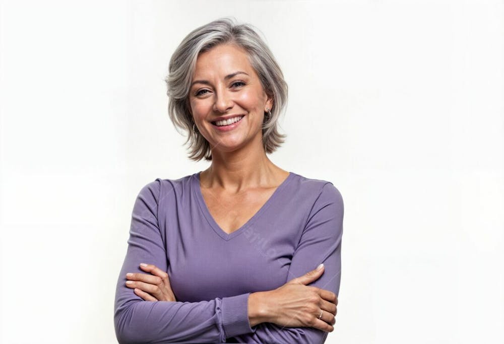 Senhora Sorrindo De Braços Cruzados Com Roupa Roxa Representando Fevereiro Roxo Contra Um Fundo Branco