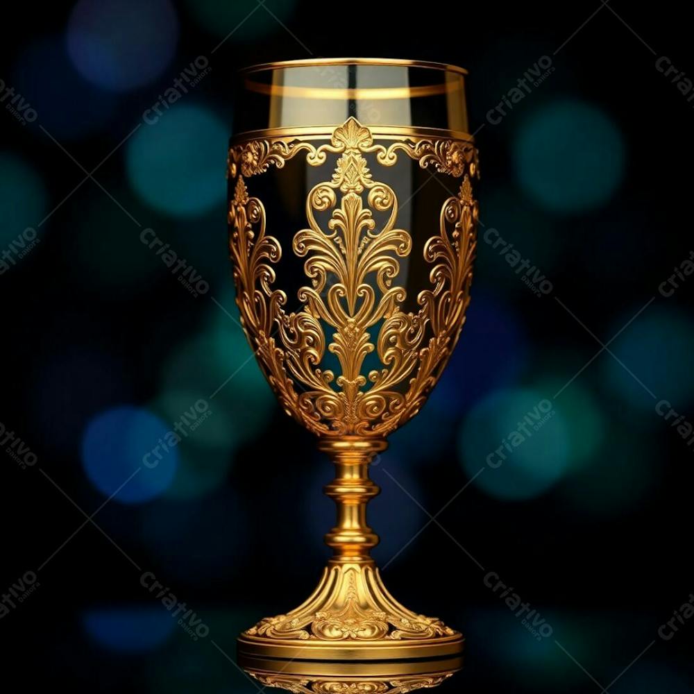 Imagem De Alta Resolução Uma Taça De Vinho Dourada Majestosa E Elegante, Com Design Intrincado, Superfície Polida E Brilhante. O Fundo Preto Oferece Alto Contraste. Qualidade Comercial Para Cartaz De Culto De Santa Ceia