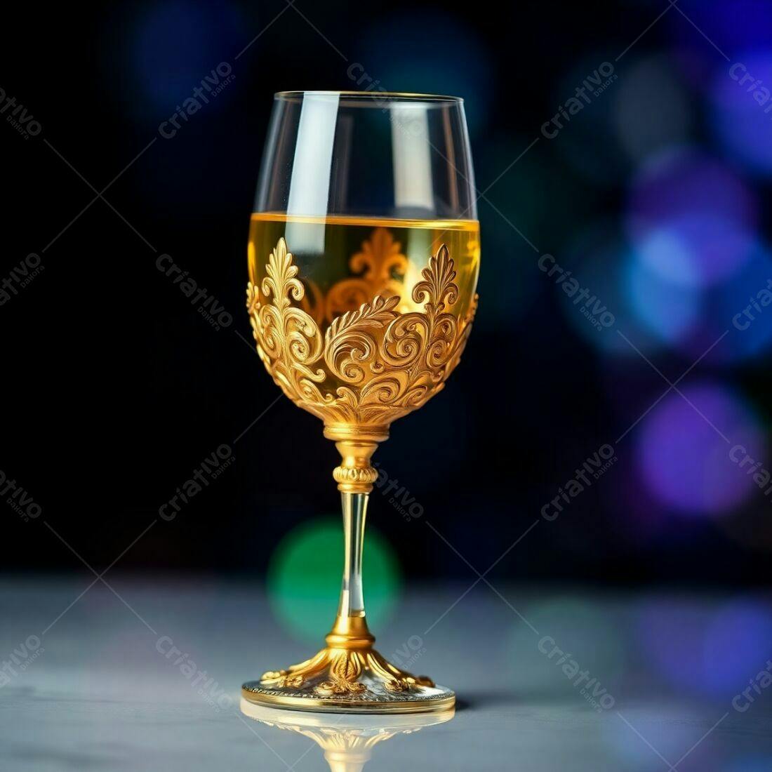 Taça de vinho dourada com detalhes em relevo