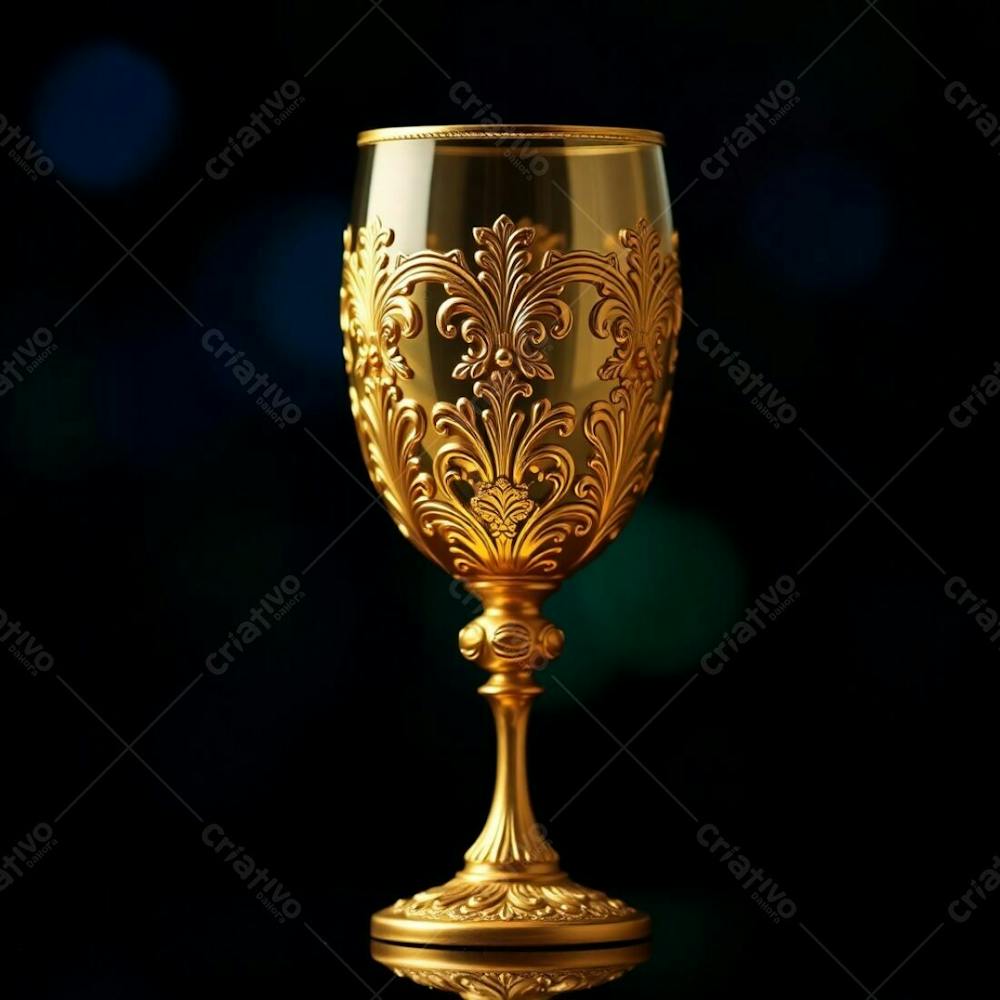 Imagem De Alta Resolução Uma Taça De Vinho Dourada Majestosa E Elegante, Com Design Intrincado, Superfície Polida E Brilhante. O Fundo Preto Oferece Alto Contraste. Qualidade Comercial Para Cartaz De Culto De Santa Ceia