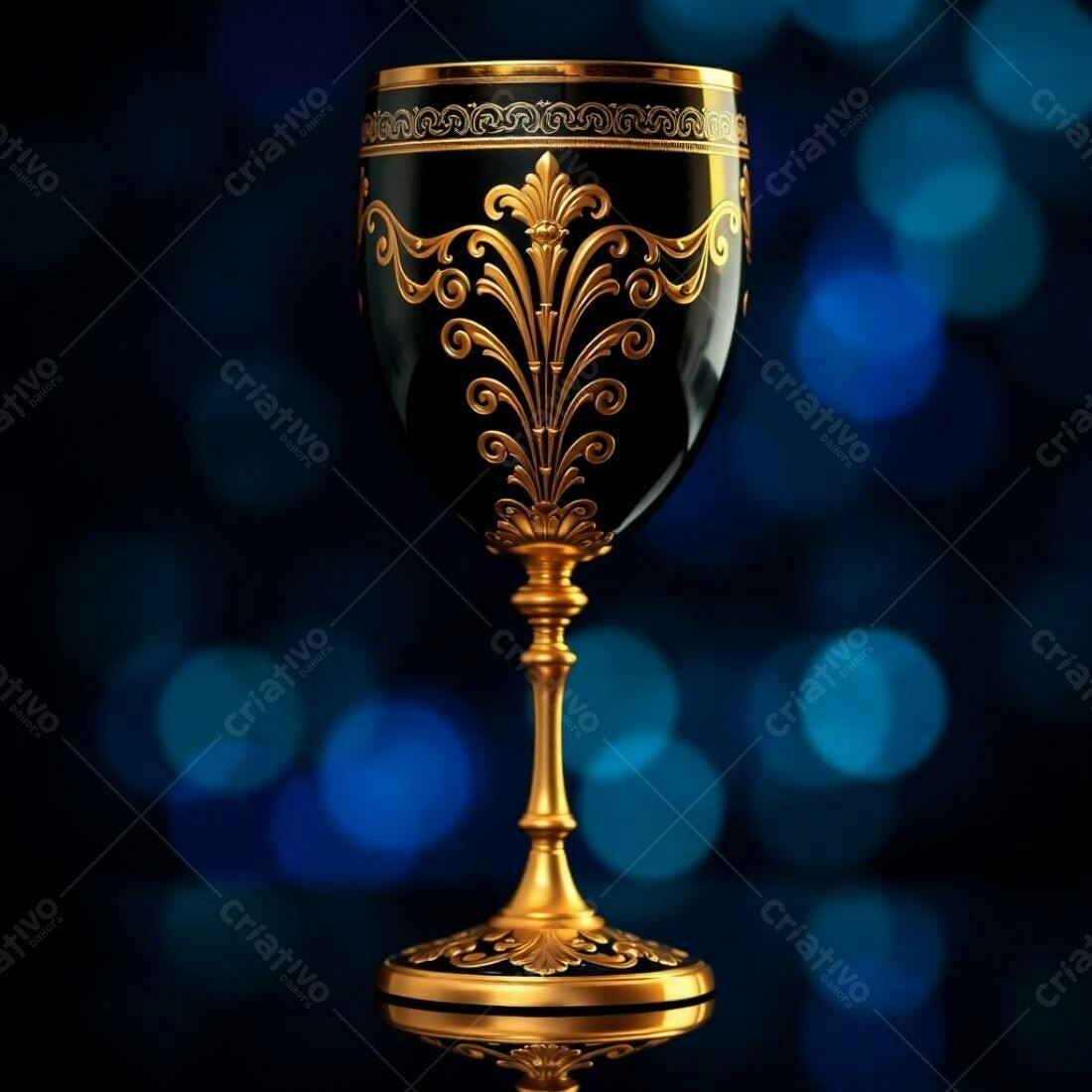 Taça dourada e preta em fundo azul