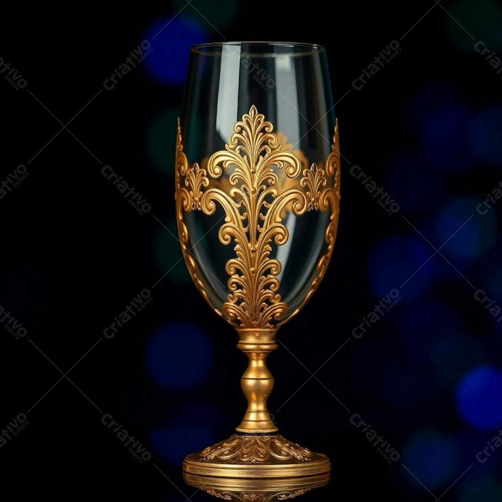 Imagem De Alta Resolução Uma Taça De Vinho Dourada Majestosa E Elegante, Com Design Intrincado, Superfície Polida E Brilhante. O Fundo Preto Oferece Alto Contraste. Qualidade Comercial Para Cartaz De Culto De Santa Ceia