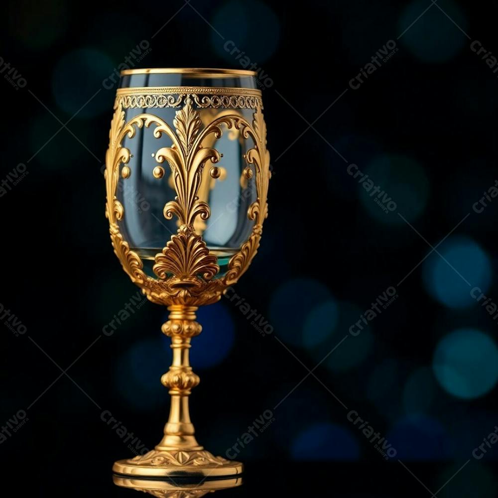 Imagem De Alta Resolução Uma Taça De Vinho Dourada Majestosa E Elegante, Com Design Intrincado, Superfície Polida E Brilhante. O Fundo Preto Oferece Alto Contraste. Qualidade Comercial Para Cartaz De Culto De Santa Ceia