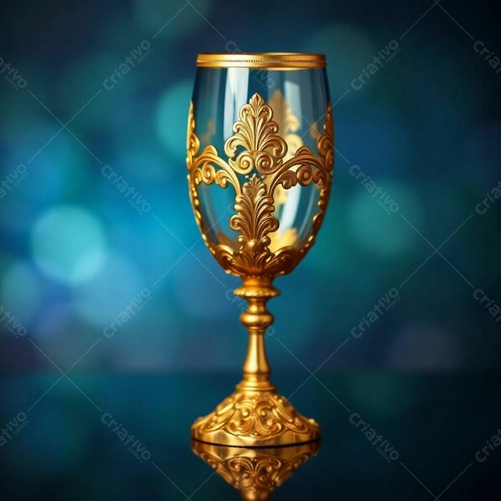 Imagem De Alta Resolução Uma Taça De Vinho Dourada Majestosa E Elegante, Com Design Intrincado, Superfície Polida E Brilhante. O Fundo Preto Oferece Alto Contraste. Qualidade Comercial Para Cartaz De Culto De Santa Ceia