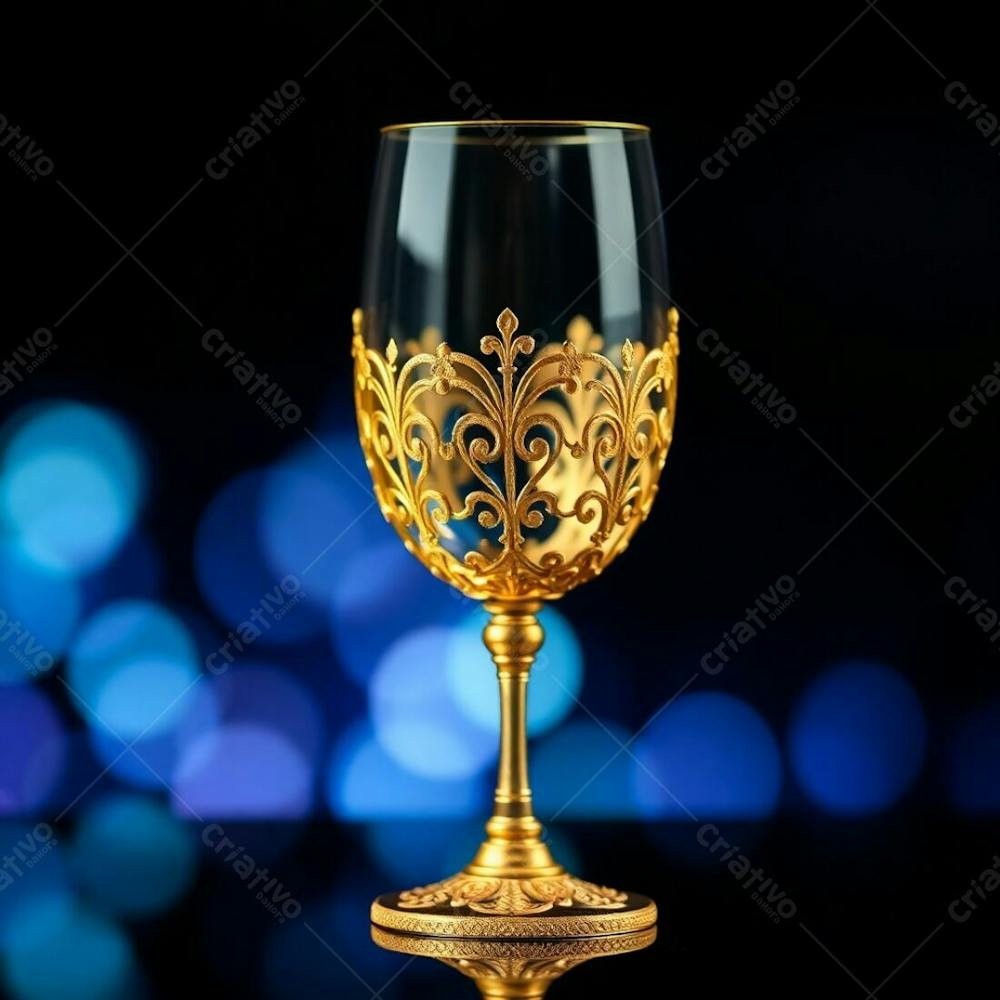 Imagem De Alta Resolução Uma Taça De Vinho Dourada Majestosa E Elegante, Com Design Intrincado, Superfície Polida E Brilhante. O Fundo Preto Oferece Alto Contraste. Qualidade Comercial Para Cartaz De Culto De Santa Ceia