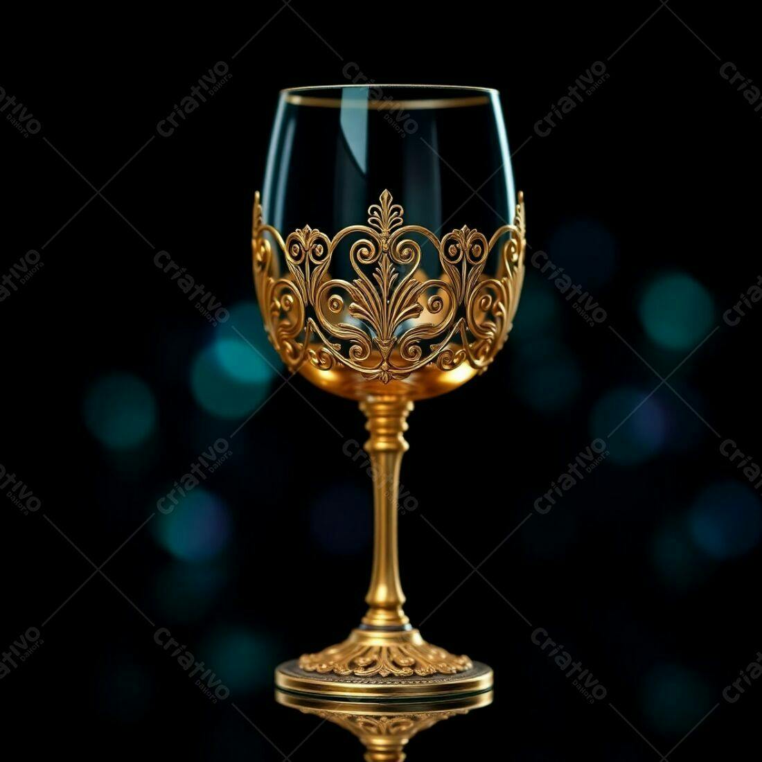 Taça de vinho dourada com detalhes em relevo