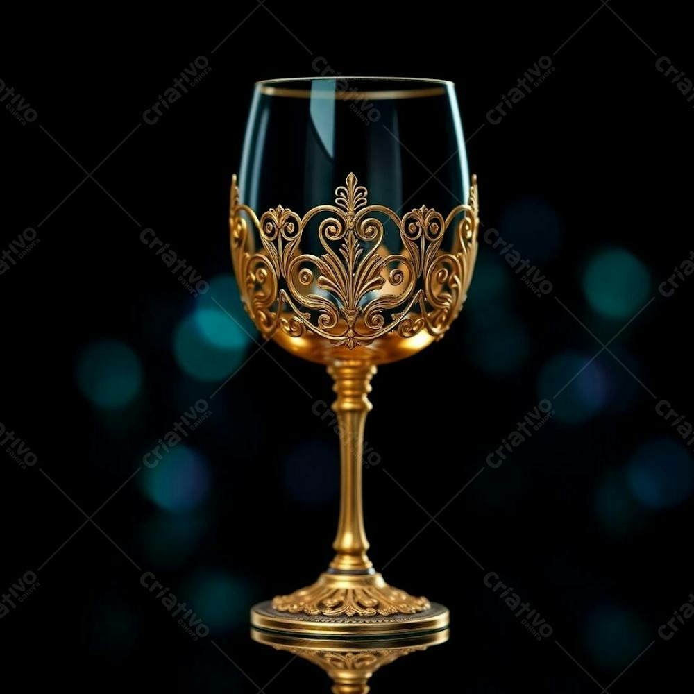 Imagem De Alta Resolução Uma Taça De Vinho Dourada Majestosa E Elegante, Com Design Intrincado, Superfície Polida E Brilhante. O Fundo Preto Oferece Alto Contraste. Qualidade Comercial Para Cartaz De Culto De Santa Ceia