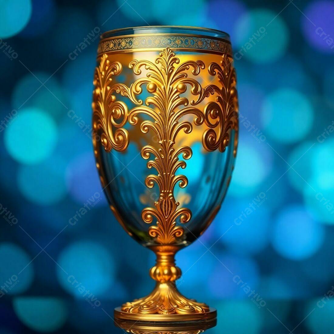 Taça dourada com detalhes em azul turquesa