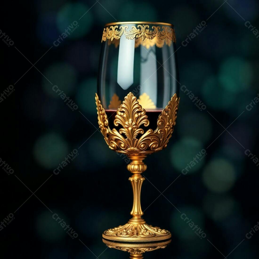 Taça de vinho dourada com vinho tinto