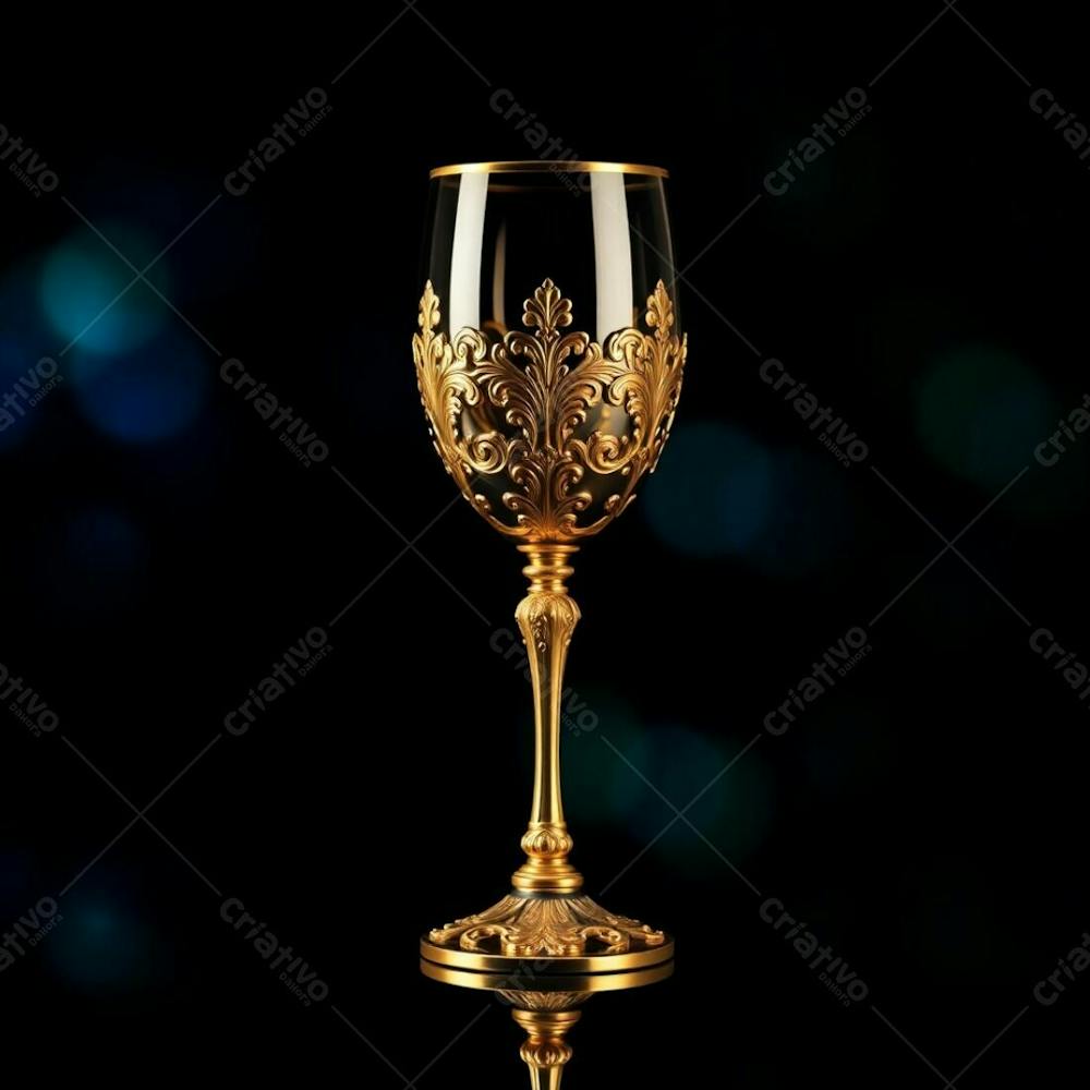 Imagem De Alta Resolução Uma Taça De Vinho Dourada Majestosa E Elegante, Com Design Intrincado, Superfície Polida E Brilhante. O Fundo Preto Oferece Alto Contraste. Qualidade Comercial Para Cartaz De Culto De Santa Ceia