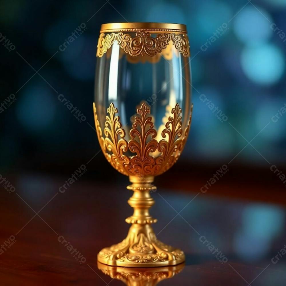 Imagem De Alta Resolução Uma Taça De Vinho Dourada Majestosa E Elegante, Com Design Intrincado, Superfície Polida E Brilhante. O Fundo Preto Oferece Alto Contraste. Qualidade Comercial Para Cartaz De Culto De Santa Ceia