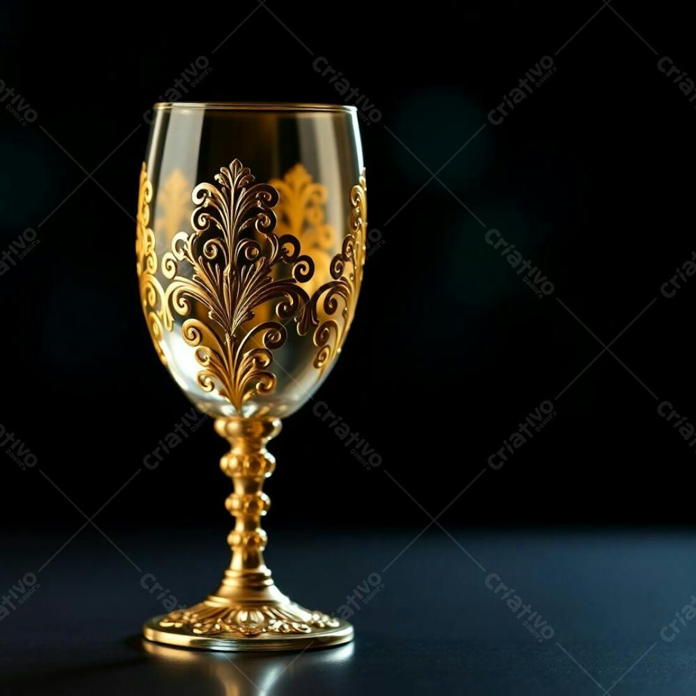 Imagem De Alta Resolução Uma Taça De Vinho Dourada Majestosa E Elegante, Com Design Intrincado, Superfície Polida E Brilhante. O Fundo Preto Oferece Alto Contraste. Qualidade Comercial Para Cartaz De Culto De Santa Ceia