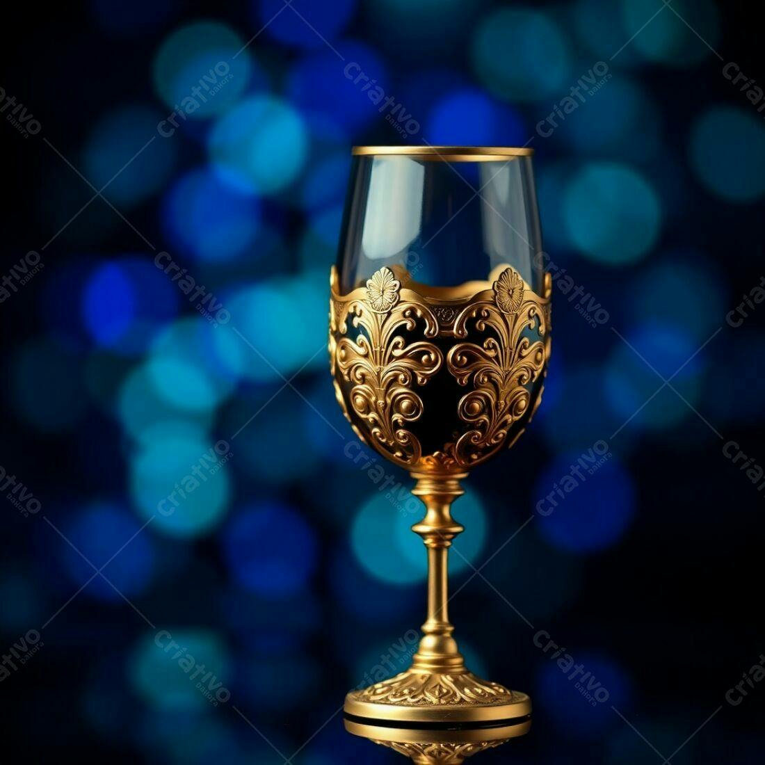 Taça dourada com detalhes arabescos fundo azul
