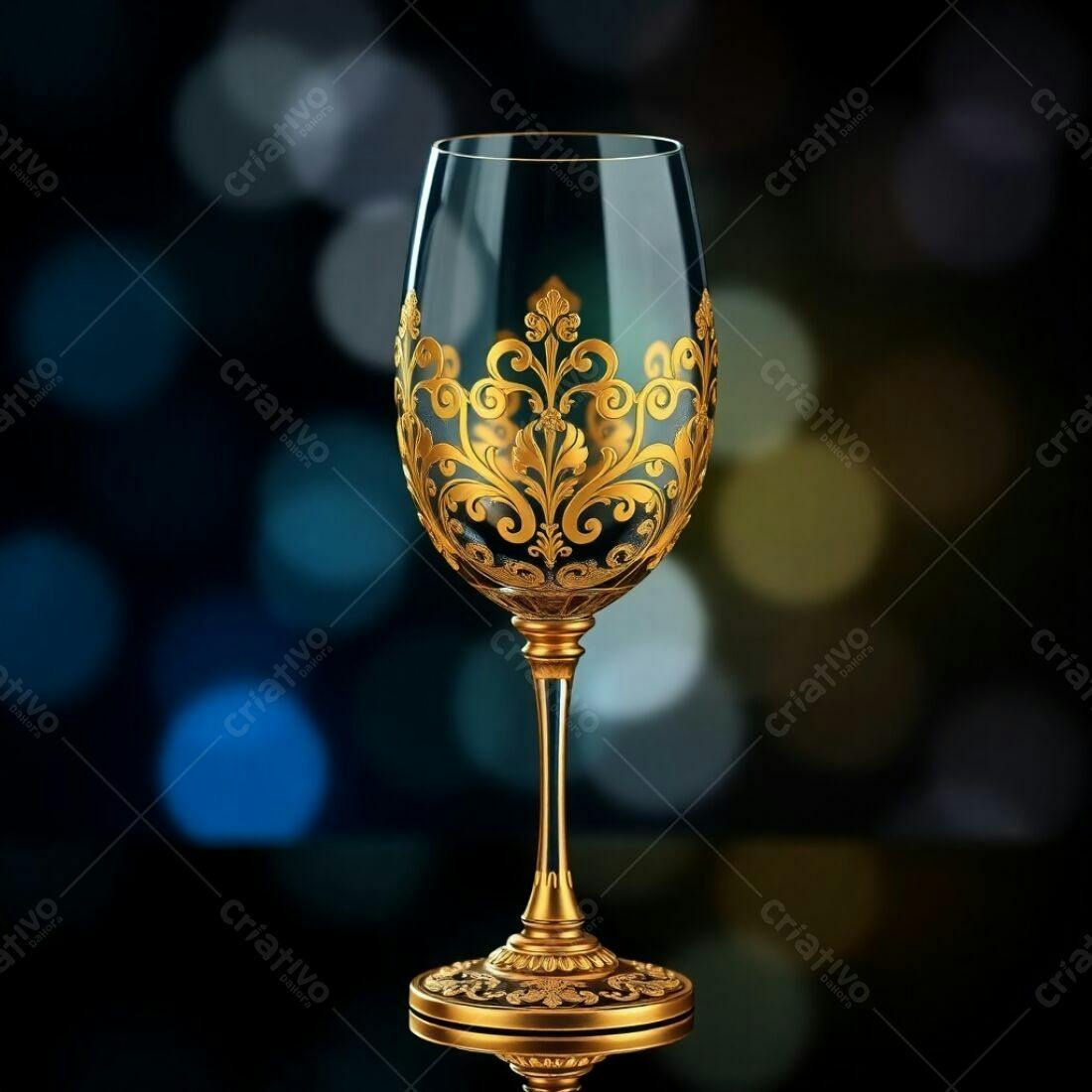 Taça de vinho dourada com detalhes em arabesco