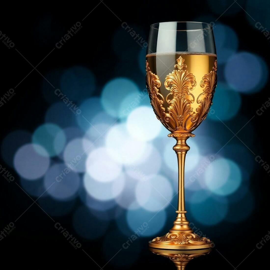 Taça dourada com champanhe fundo azul