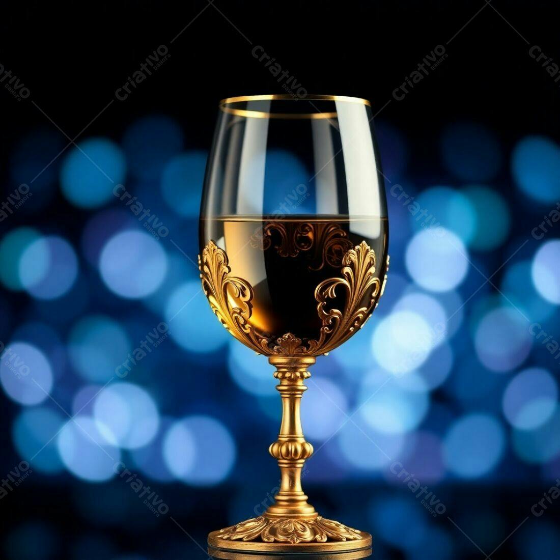 Taça dourada com vinho sobre fundo azul