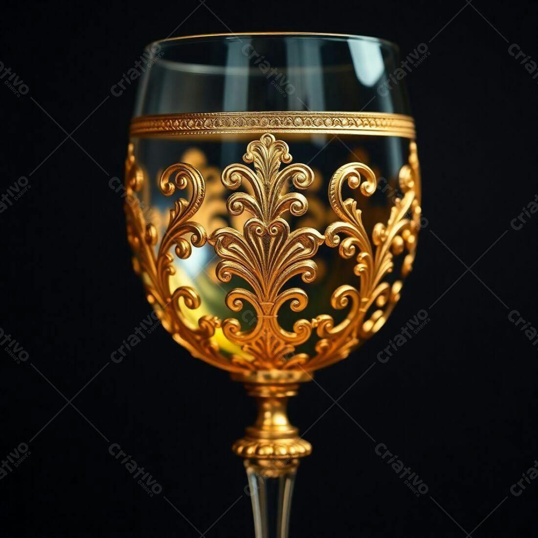Taça de vinho dourada com detalhes em relevo