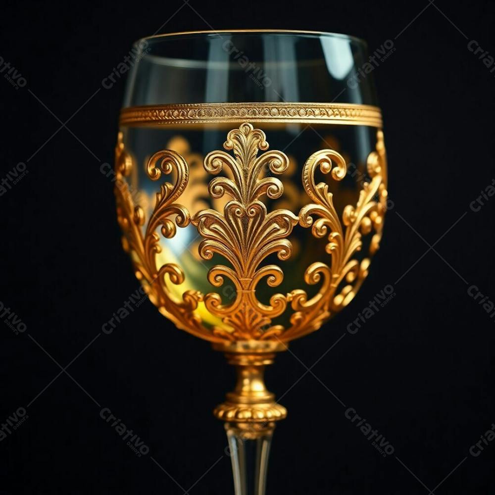 Imagem De Alta Resolução Uma Taça De Vinho Dourada Majestosa E Elegante, Com Design Intrincado, Superfície Polida E Brilhante. O Fundo Preto Oferece Alto Contraste. Qualidade Comercial Para Cartaz De Culto De Santa Ceia