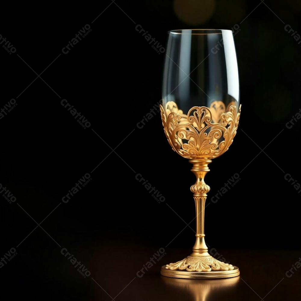 Imagem De Alta Resolução Uma Taça De Vinho Dourada Majestosa E Elegante, Com Design Intrincado, Superfície Polida E Brilhante. O Fundo Preto Oferece Alto Contraste. Qualidade Comercial Para Cartaz De Culto De Santa Ceia