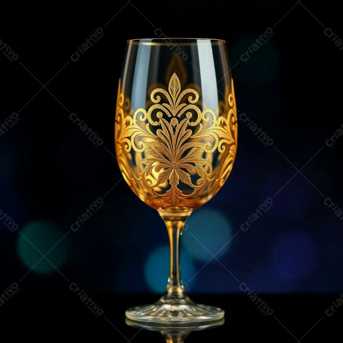 Taça de vinho dourada com detalhes em relevo