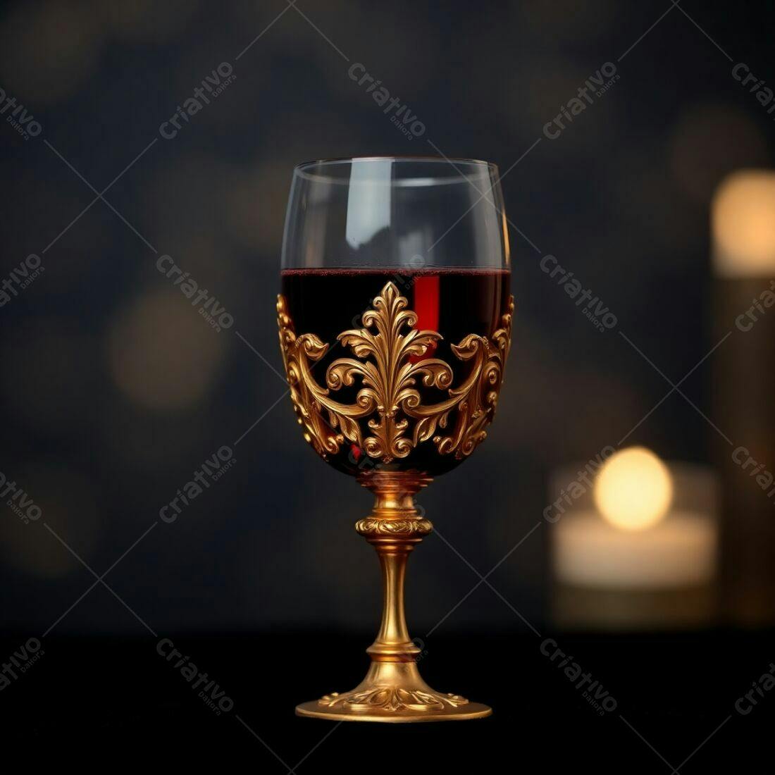 Taça de vinho tinto com suporte dourado