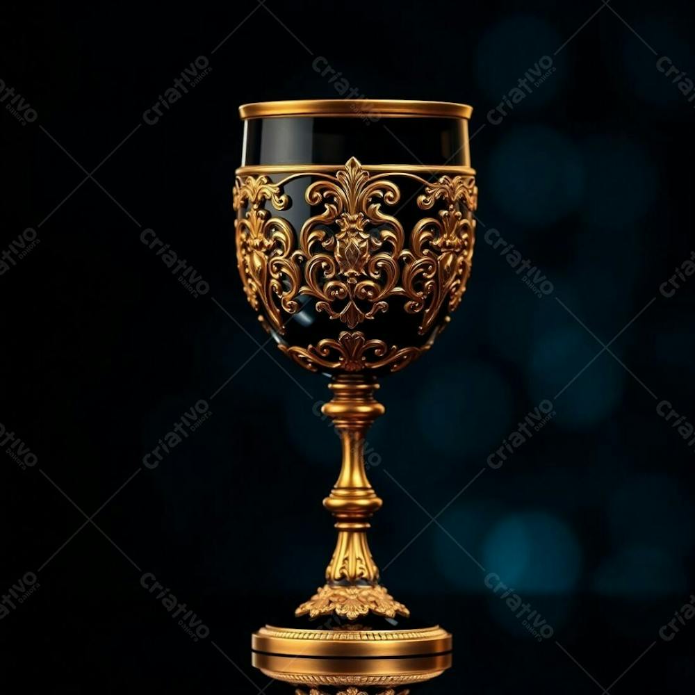 Imagem De Alta Resolução Uma Taça De Vinho Dourada Majestosa E Elegante, Com Design Intrincado, Superfície Polida E Brilhante. O Fundo Preto Oferece Alto Contraste. Qualidade Comercial Para Cartaz De Culto De Santa Ceia