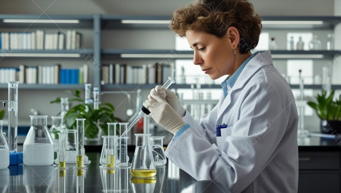 Cientista em laboratório analisando amostras