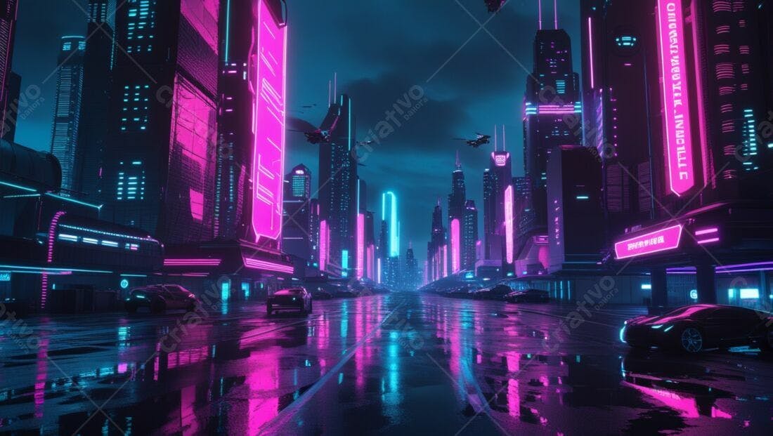 Cidade futurista noite chuva neon rosa azul