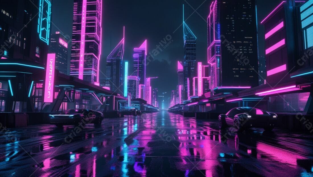 Cidade futurista neon noturna chuva