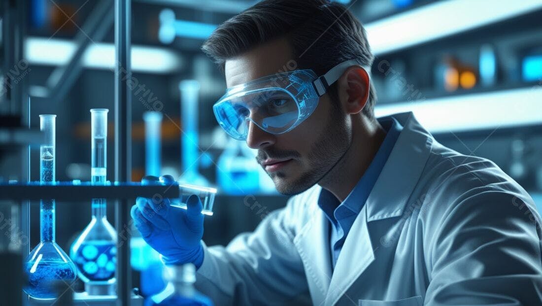 Cientista em laboratório analisando amostras azuis