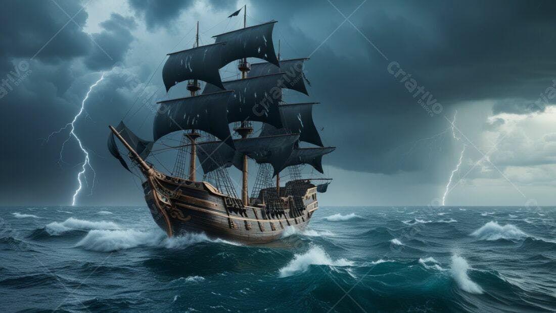 Galeão Negro em Tempestade Marítima