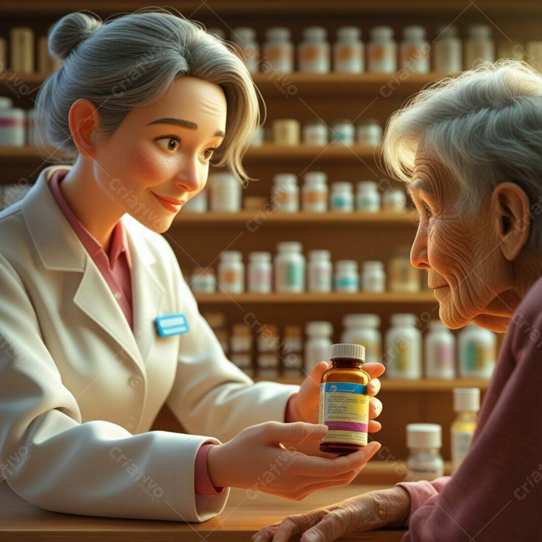Farmacêutica entregando remédio a idosa