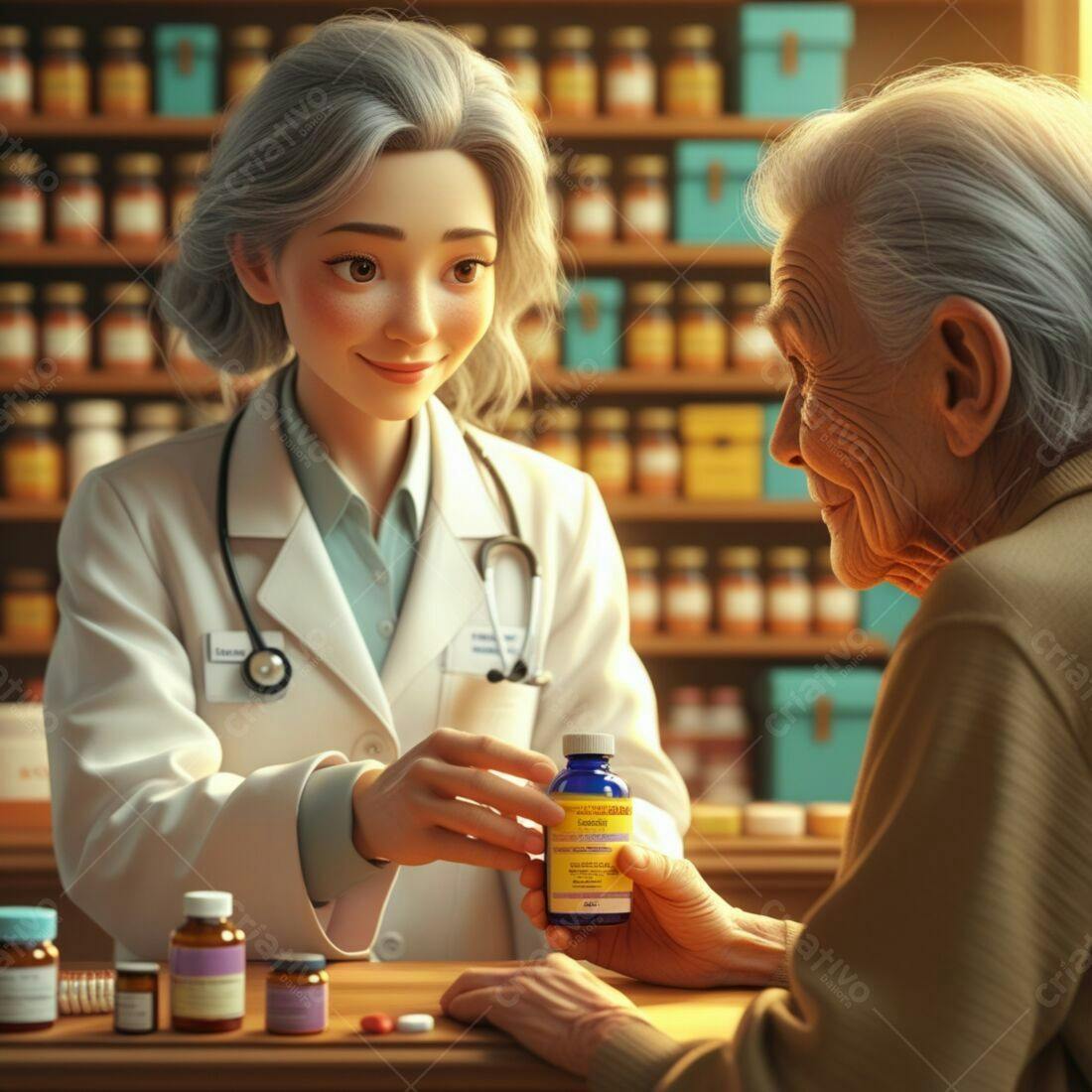 Farmacêutica entregando remédio a idoso